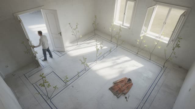 A buoyant dream inside an unfurnished limewashed apartment in bright diffuse noon light. Thin blueprint-blue architectur