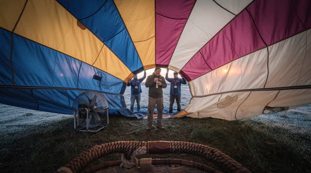 A lucid self-portrait at dawn inside the open mouth of a partially inflated hot-air balloon envelope resting safely on a