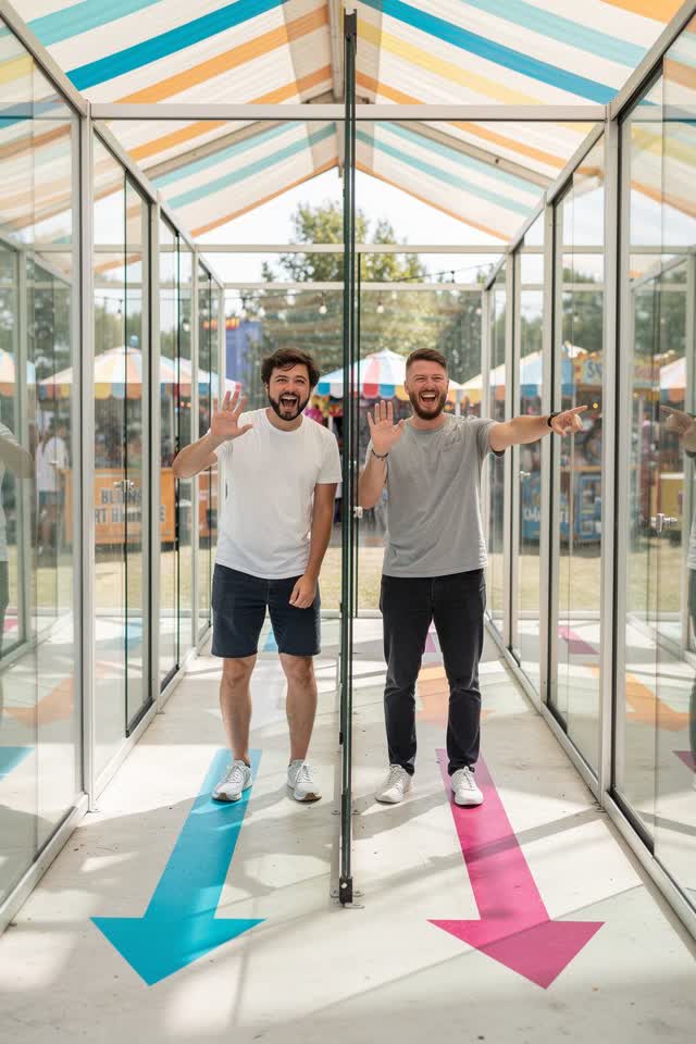 A bright playful scene inside a temporary safety-glass maze at a summer fair. Two friends stand in separate parallel cor