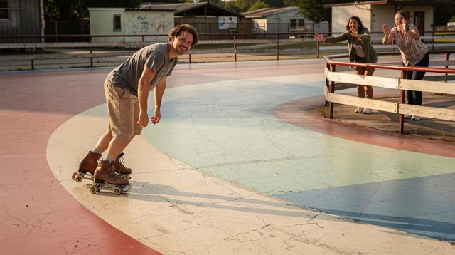 A lucid self-portrait at an old open-air roller rink in clear early morning. One adult skater leans naturally and confid