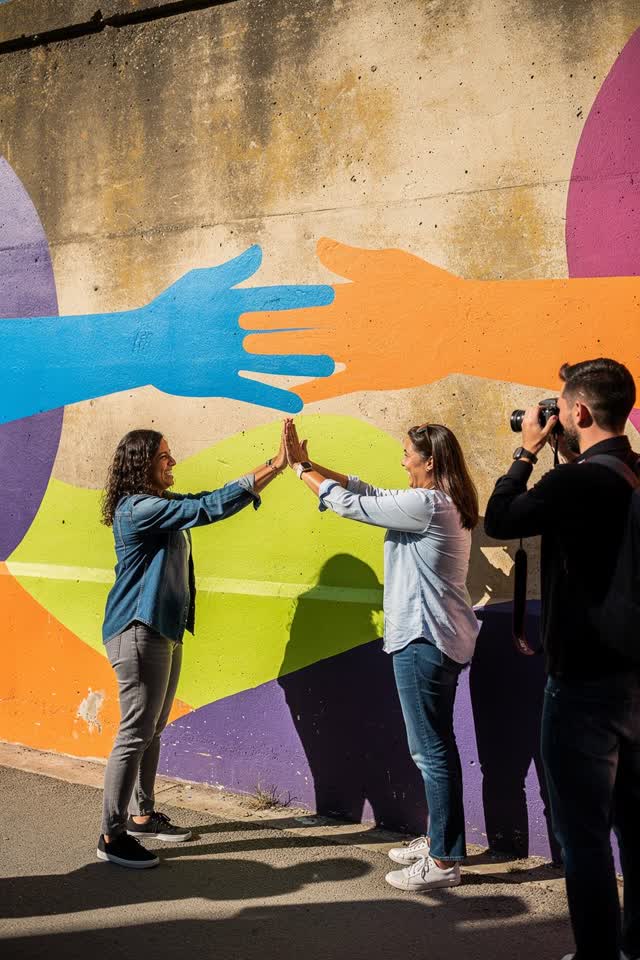A bright playful image in a sunny pedestrian lane beside a bold abstract mural. Two adult friends exchange a natural ene