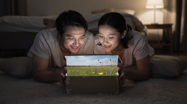 An inviting dream on a quiet bedroom floor at night. Two adults lie comfortably side by side and open one ordinary worn