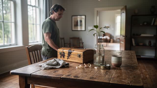 A lucid self-portrait in a spacious inhabited room beside tall morning windows. One adult has just risen from a broad wo