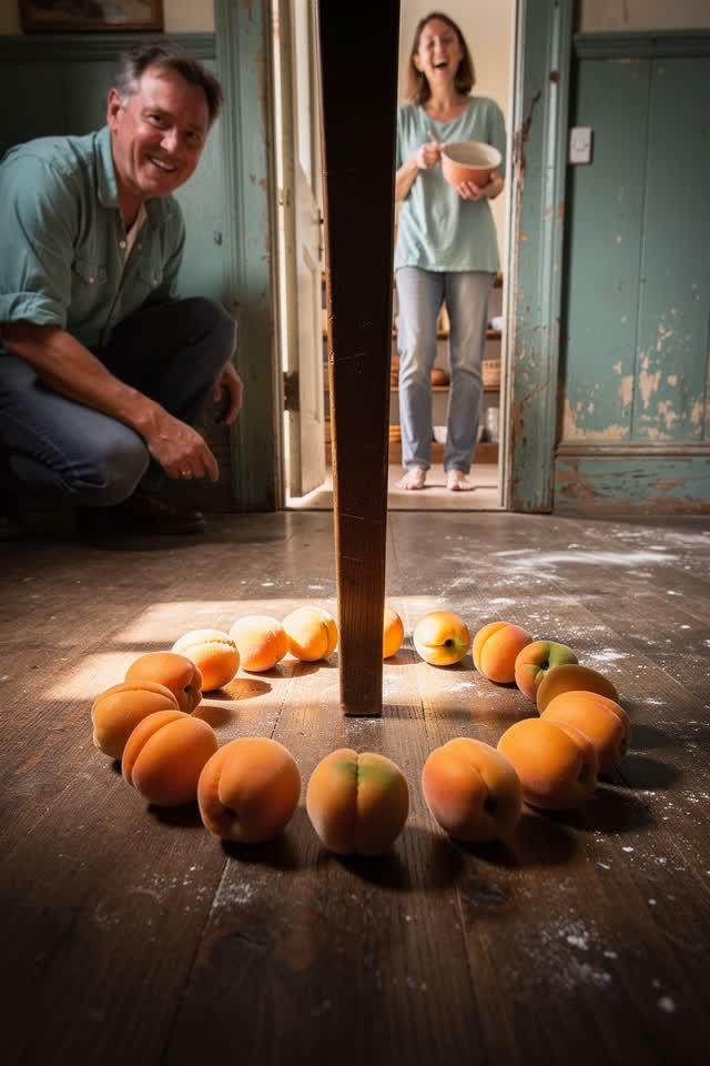 A bright playful image on the gently sloped wooden floor of an old pantry. Twelve ripe apricots have rolled naturally fr