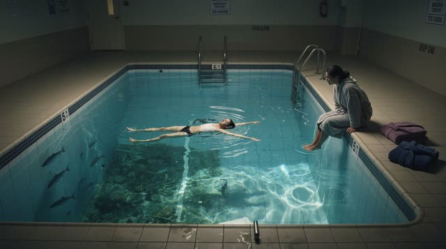 An inviting dream in a modest indoor swimming pool at night. One adult floats comfortably on their back near the center