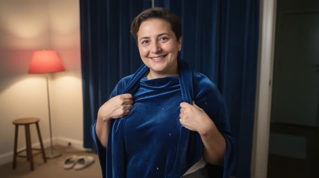 A close lucid self-portrait in a simple apartment room at night. One adult has taken a heavy cobalt velvet curtain from