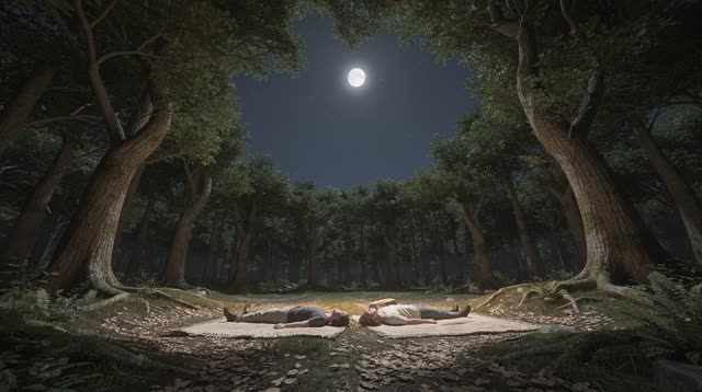 A spacious inviting dream in a broad forest clearing beneath a clear night sky. Every mature tree around the clearing re