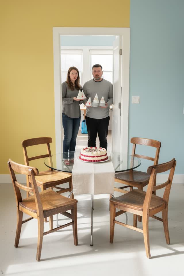 A bright playful dining room prepared for a tiny birthday celebration. Four ordinary mismatched wooden chairs around a c