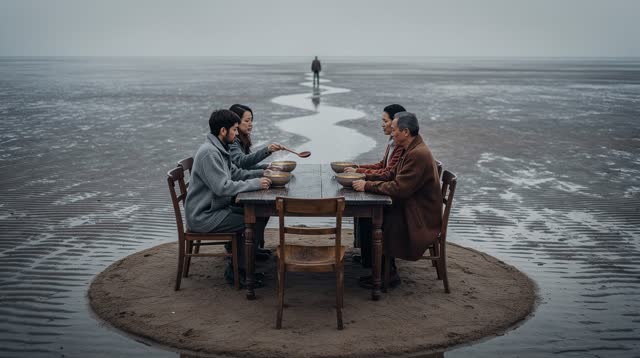 A spacious inviting dream at luminous overcast dawn on a shallow tidal flat. Four adults sit comfortably around a long w