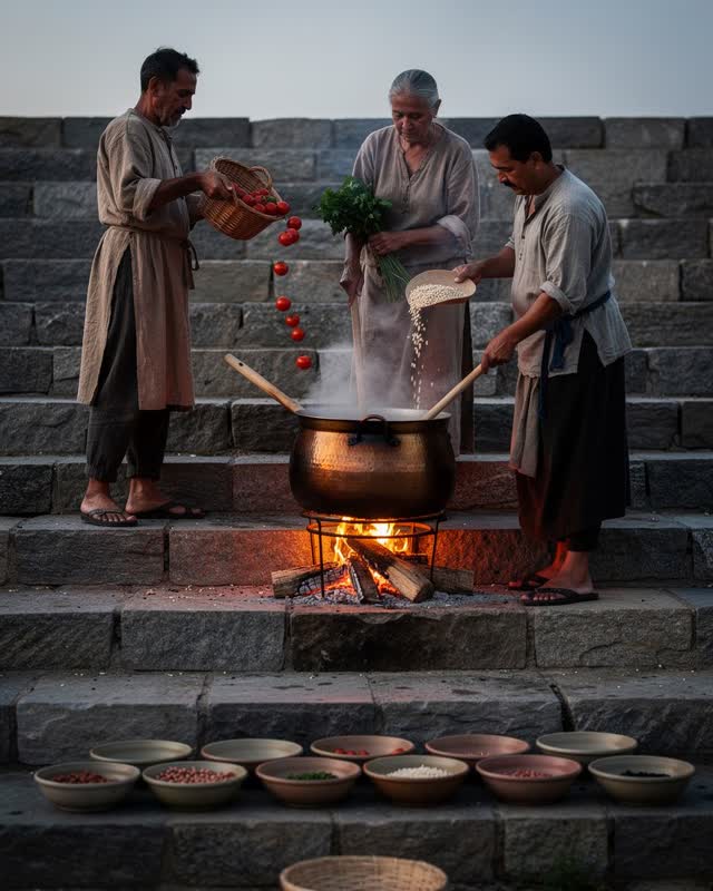 An integrative communal evening kitchen built naturally across broad stone market steps. Three vendors stand on successi