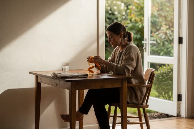 A genuinely quiet morning in a small breakfast alcove beside an open garden door. One person sits barefoot in a relaxed