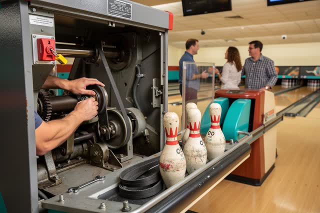A tender practical repair at the service end of a colorful neighborhood bowling alley. A technician works inside a pinse