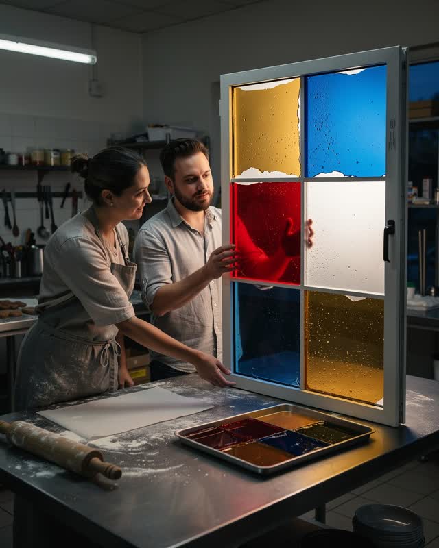 An integrative evening scene in a working confectionery kitchen beside a full-size architectural test frame. One confect