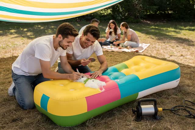 A cheerful practical repair during a backyard picnic on dry summer grass. Two friends kneel comfortably beside a bright