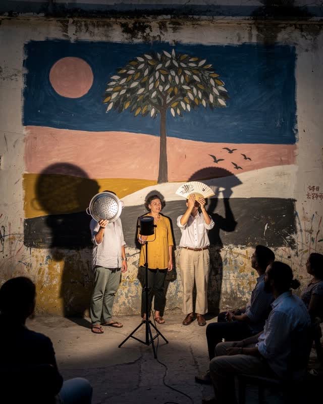 An integrative evening scene in a plain inhabited courtyard. An unfinished matte wall painting shows a restrained landsc