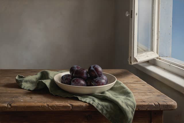 A genuinely quiet still life on a simple old dining table beside an open window in early afternoon. Seven dark ripe plum