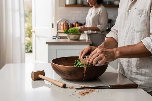 A humane domestic repair in a bright kitchen before lunch. One adult sits at the end of a clear table, pressing a precis