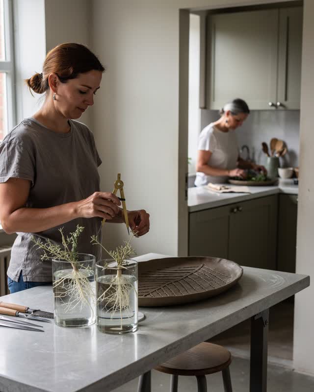 An integrated daylight scene in a modest ceramics studio built beside a working propagation window and an open kitchen.