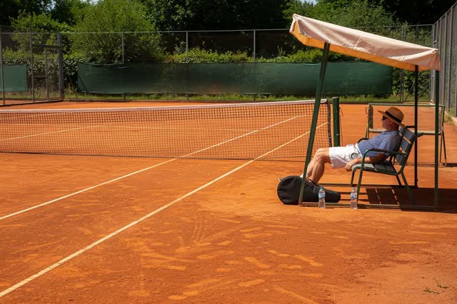 A genuinely quiet unused clay tennis court during a still summer noon. One adult lies comfortably along a broad shaded c