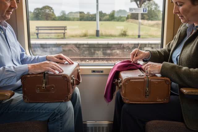 A patient practical correction inside a daylight train compartment paused at a rural station. One adult traveler sits co