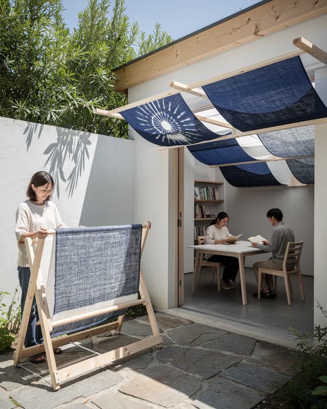 An integrated high-noon scene in a walled courtyard adjoining a modest community reading room. One textile maker stands