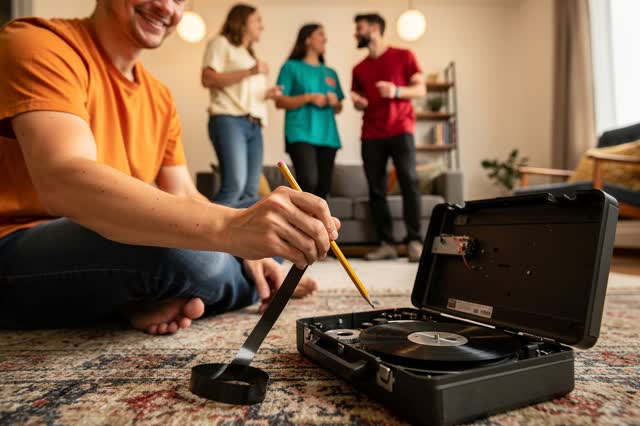 A cheerful practical repair during a small living-room dance gathering. One adult sits comfortably near a portable casse