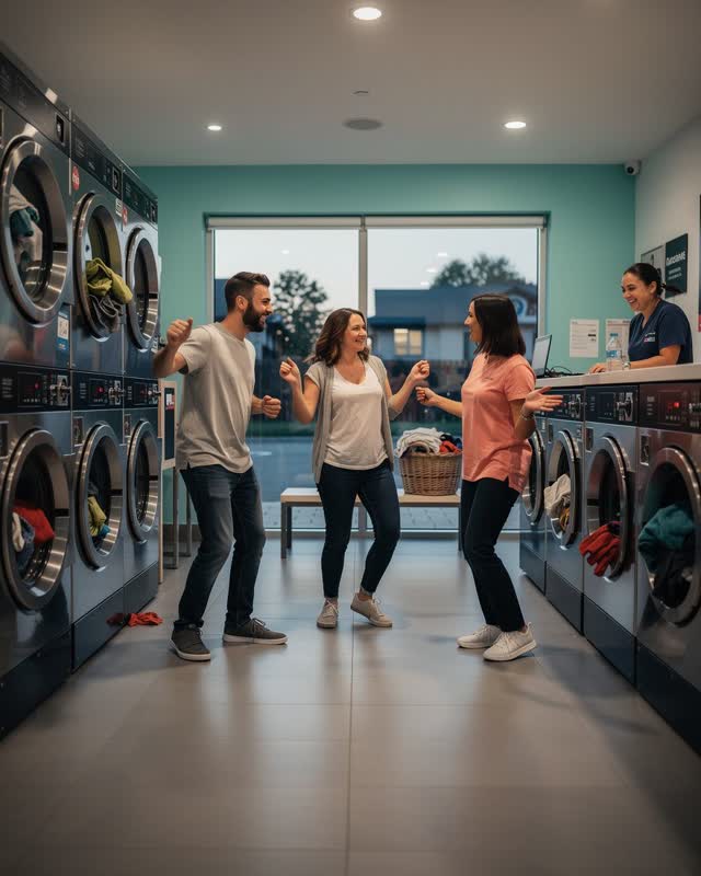 An integrative early-evening scene in a clean neighborhood laundromat near closing time. Three adult friends dance loose