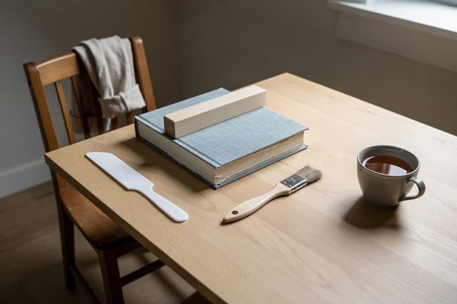 A genuinely quiet small bookbinding room after the workers have gone home. One freshly bound linen-covered book rests op