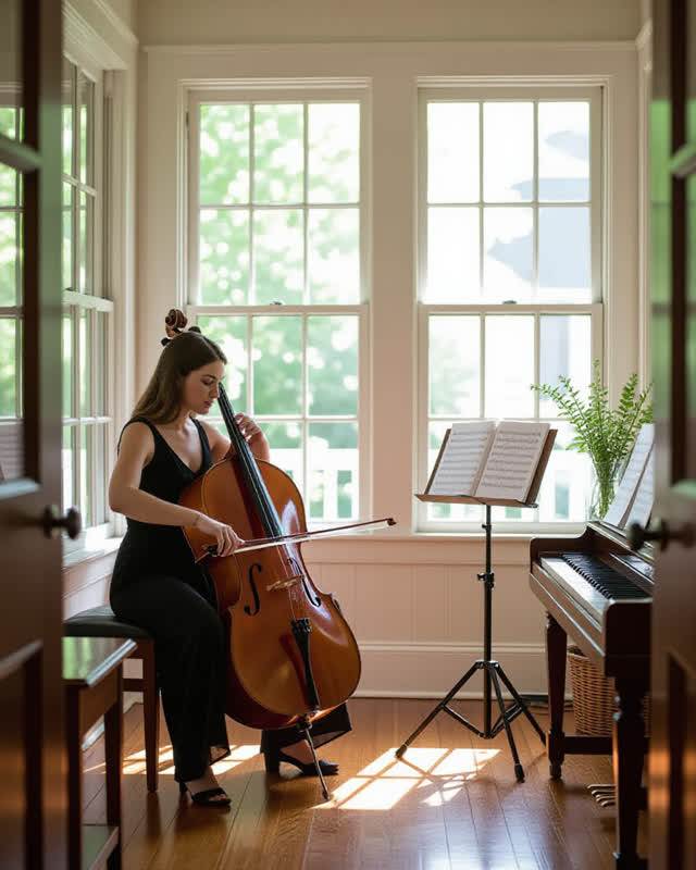 An integrative domestic scene where a modest music room opens directly into a narrow glass porch. One cellist rehearses