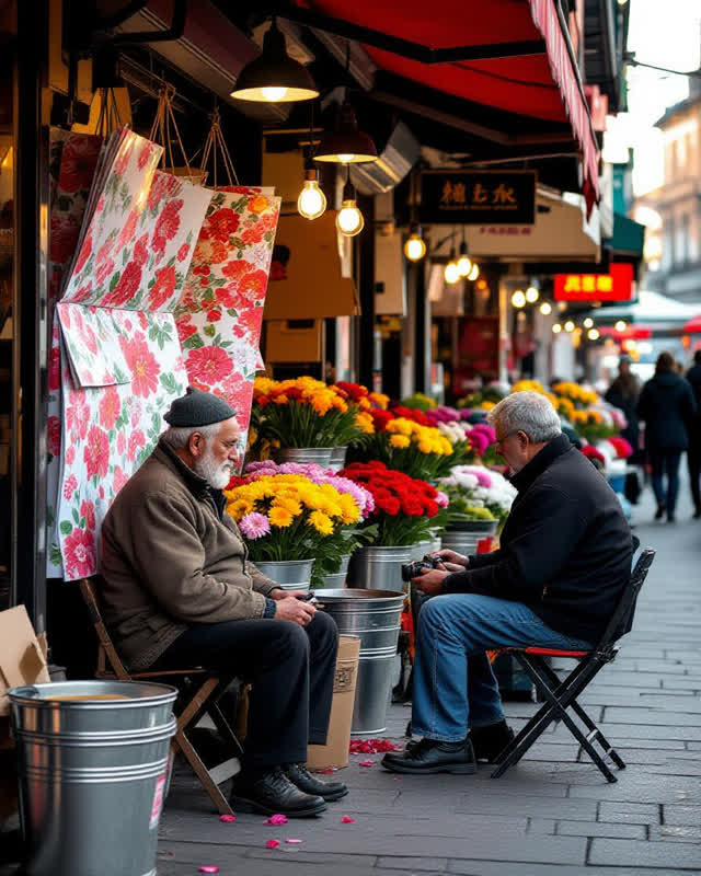 An integrative nighttime scene in a flower market just after closing. One vendor sits naturally on a folding stool for a