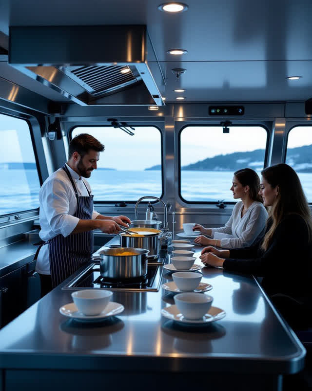 An integrated blue-hour scene in the working galley of a modest passenger ferry. One cook stands with stable footing beh
