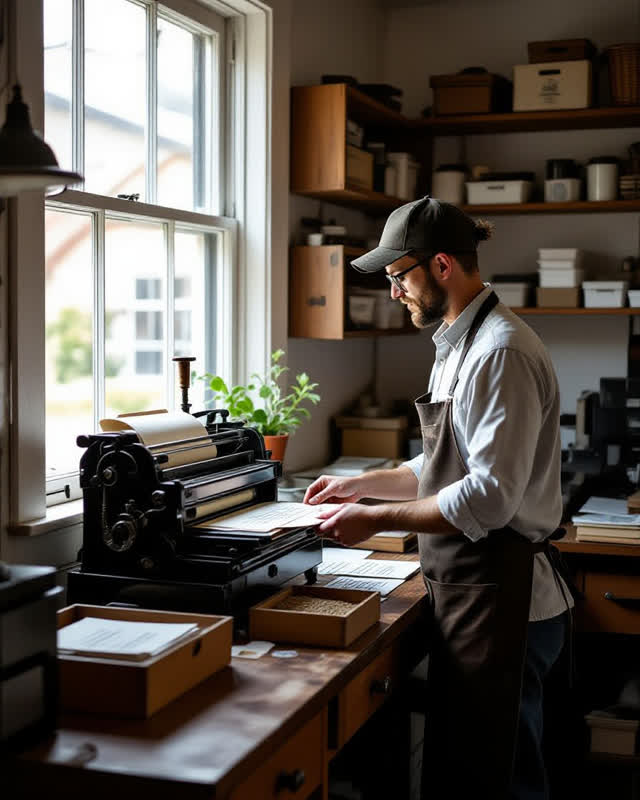 An integrated daylight scene in a small neighborhood letterpress room directly adjoining a free seed exchange cabinet. O