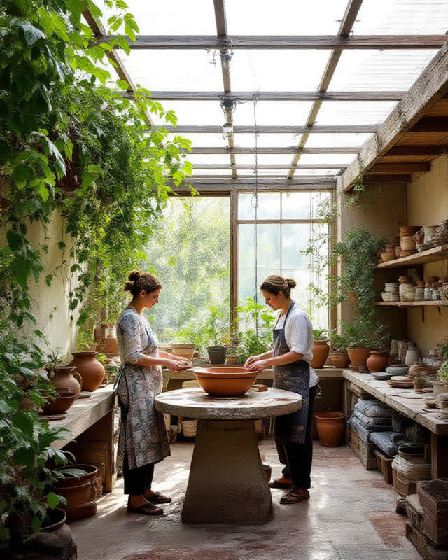 An integrated midday scene in a working pottery yard beneath an old translucent roof repaired with several clearly fitte