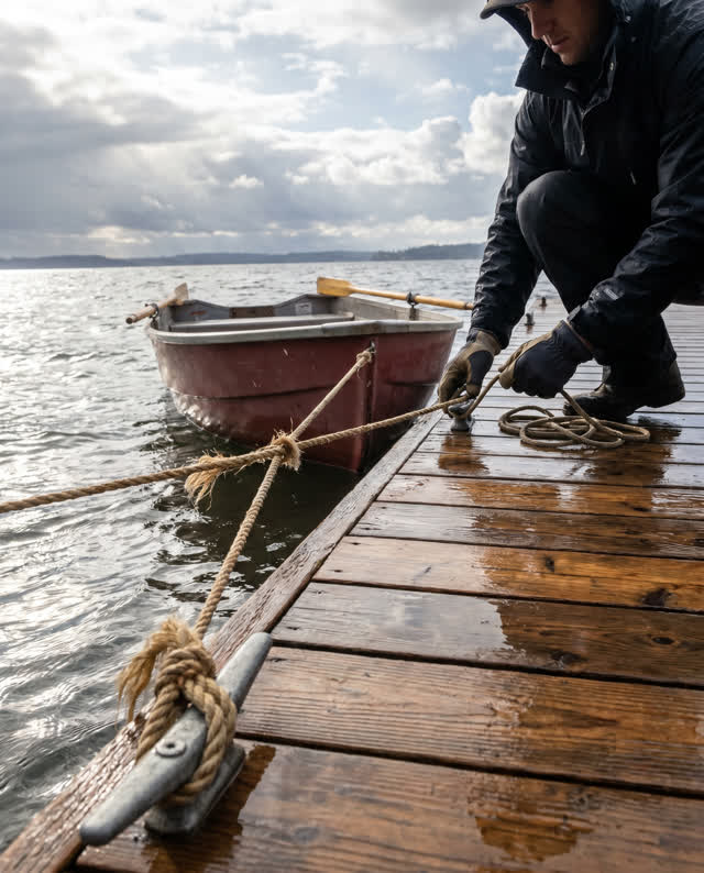 A precise medium-tension scene on a low wooden dock beside a small moored rowing boat just after rain. One existing bow