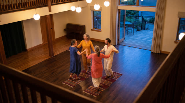 A buoyant dream in a spacious evening dance hall where four adults dance together with natural expressive movement and c