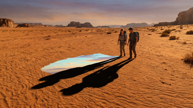 A spacious inviting dream in a broad ochre desert basin during calm late afternoon. Two adult walkers move side by side