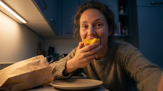 A close lucid self-portrait in a small kitchen late at night. One adult has just taken the first bite from a ripe summer