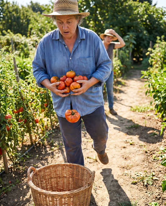 A precise low-tension scene on a sunny garden path after a generous tomato harvest. One adult walks carefully while carr