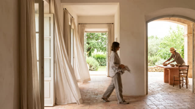 An inviting architectural dream inside a long lived-in white room opening onto a summer garden. The lime-plaster walls a