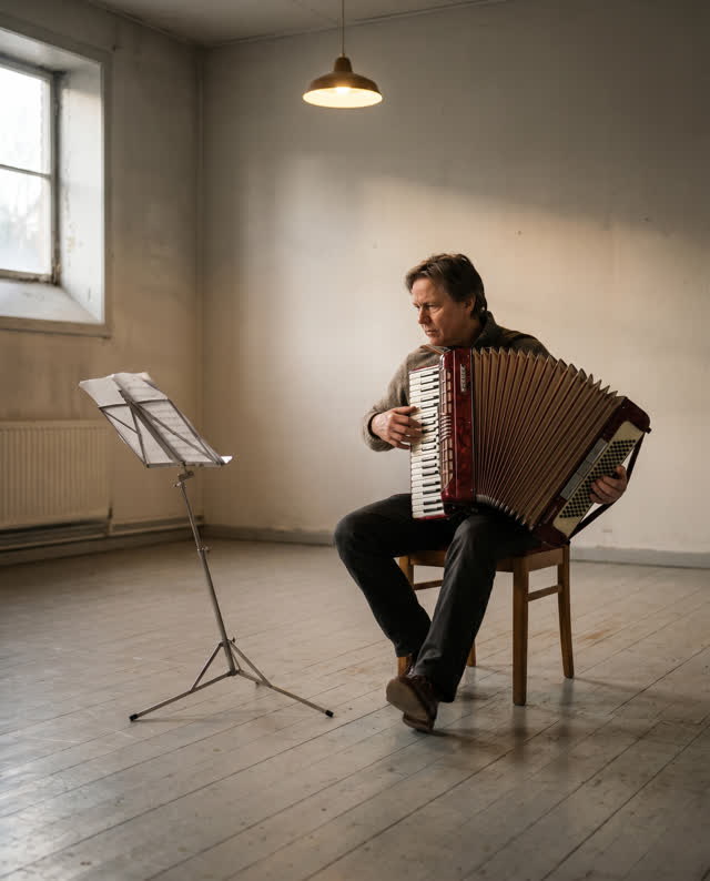 A precise medium-tension scene in a plain afternoon rehearsal room. One seated adult accordion player sustains a final n