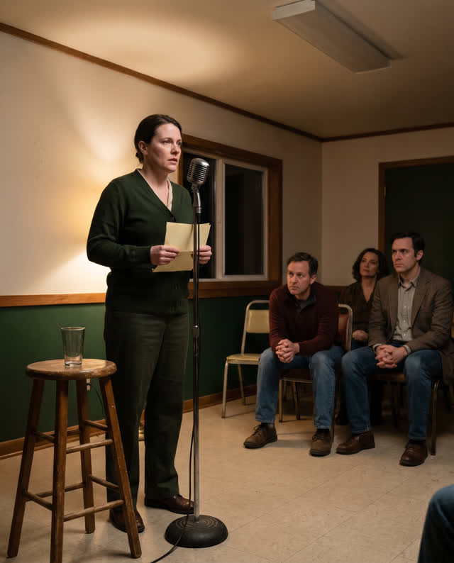 A restrained medium-tension scene in a modest evening storytelling room. One adult stands with both feet planted before