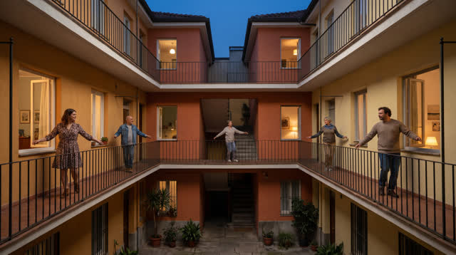 A buoyant dream in a tall inhabited apartment courtyard at clear blue hour. Six adult residents occupy separate balconie