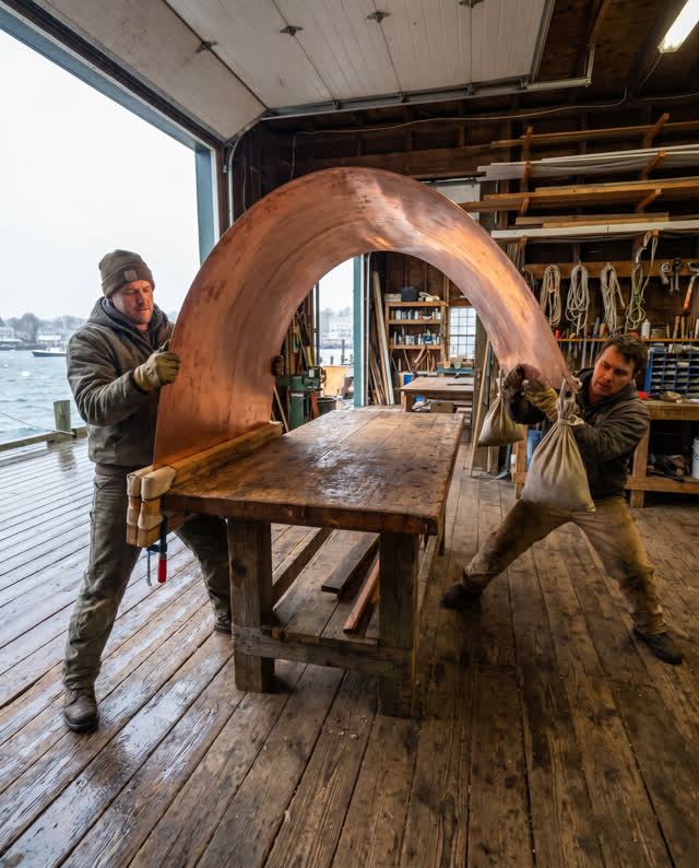 A precise high-tension moment inside a weathered boat-repair shed open to a sudden harbor gust. A broad flexible copper