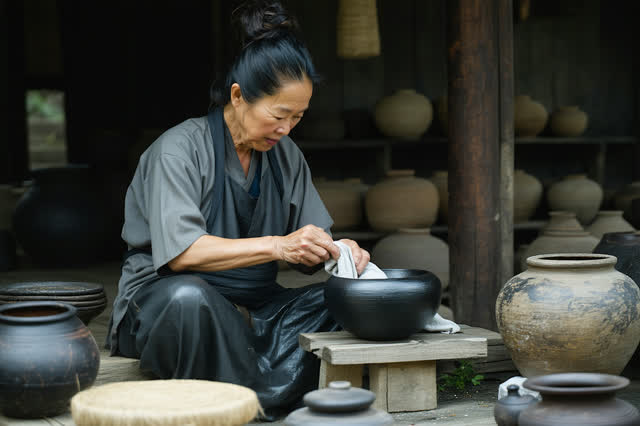 A genuinely quiet image in an open-sided lacquer studio during soft rain. One artisan sits in natural profile and slowly