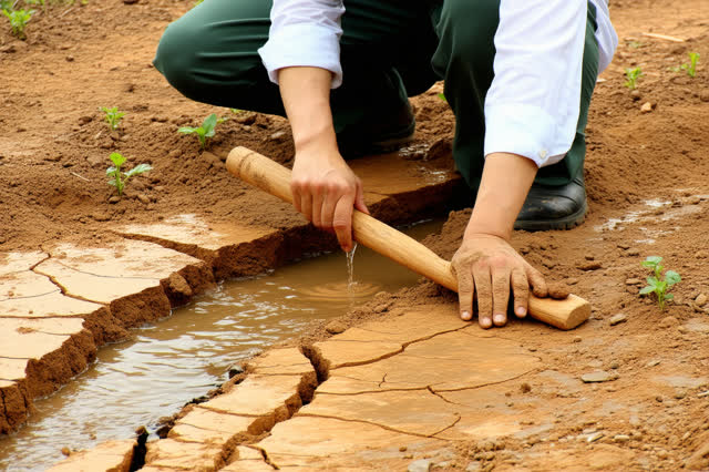 A tender practical repair in a terraced kitchen garden under soft high overcast daylight. One gardener kneels with enoug