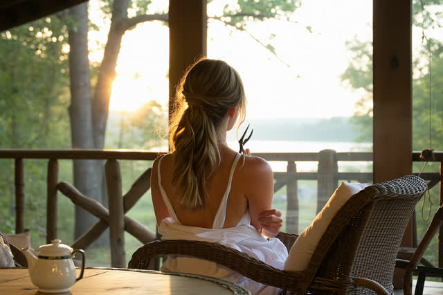 A genuinely quiet scene on a screened domestic porch at warm dusk. One person sits comfortably while another trims a ver