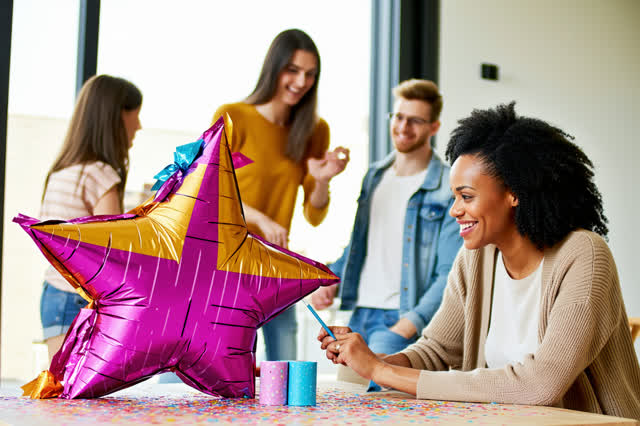 A cheerful humane repair during a casual apartment birthday gathering. One adult sits comfortably at a low table, patchi