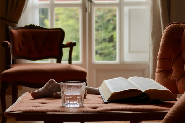 A genuinely quiet reading room during a soft summer rain. One adult rests barefoot in a deep faded-rust upholstered chai