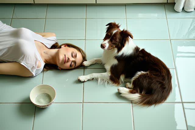 A genuinely quiet overhead scene in a simple kitchen during a hot, still afternoon. One adult lies comfortably awake on