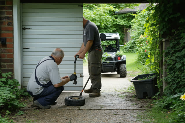 A practical humane repair at a small neighborhood garden entrance just after rain. One adult caretaker kneels safely bes